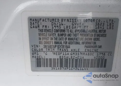 2016 Nissan Sentra Fe+ S/S/Sl/Sr/Sv from USA, damaged, VIN 3N1AB7AP1GY261644